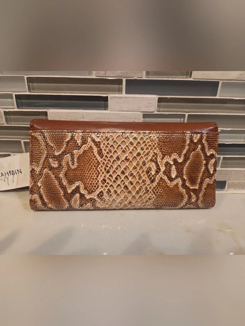 Brahmin Brown Leather and Snake-Print Envelope Clutch